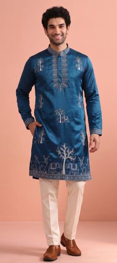 Blue color Kurta Pyjamas in Satin Silk fabric with Embroidered work