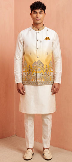 White and Off White color Kurta Pyjama with Jacket in Banarasi Silk fabric with Embroidered work