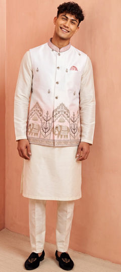 White and Off White color Kurta Pyjama with Jacket in Banarasi Silk fabric with Embroidered work