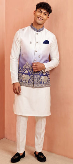 White and Off White color Kurta Pyjama with Jacket in Banarasi Silk fabric with Embroidered work
