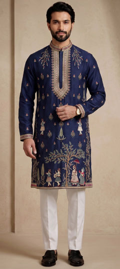 Blue color Kurta Pyjamas in Satin Silk fabric with Embroidered work