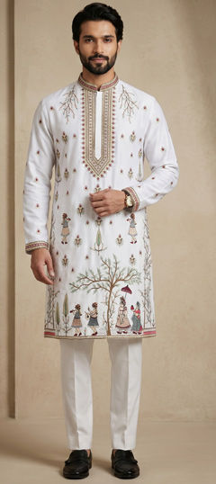 White and Off White color Kurta Pyjamas in Satin Silk fabric with Embroidered work