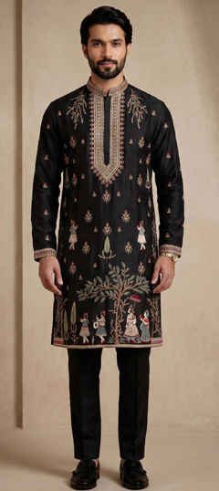 Black and Grey color Kurta Pyjamas in Satin Silk fabric with Embroidered work