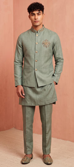 Green color Kurta Pyjama with Jacket in Linen fabric with Bugle Beads, Cut Dana, Patch work