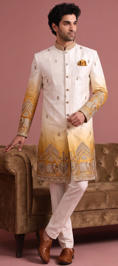 White and Off White color IndoWestern Dress in Satin Silk fabric with Embroidered work