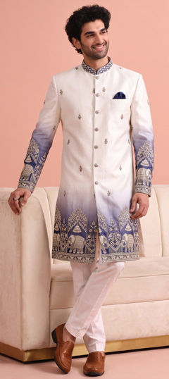 Blue, White and Off White color IndoWestern Dress in Satin Silk fabric with Embroidered work