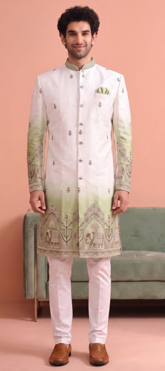 Green, White and Off White color IndoWestern Dress in Satin Silk fabric with Embroidered work