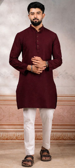 Red and Maroon color Kurta Pyjamas in Cotton fabric with Weaving work