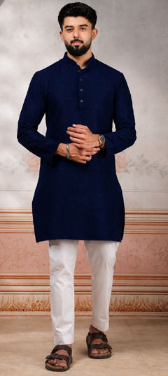 Blue color Kurta Pyjamas in Cotton fabric with Weaving work