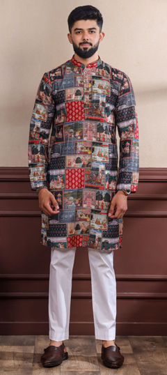 Black and Grey color Kurta Pyjamas in Cotton fabric with Digital Print, Weaving work