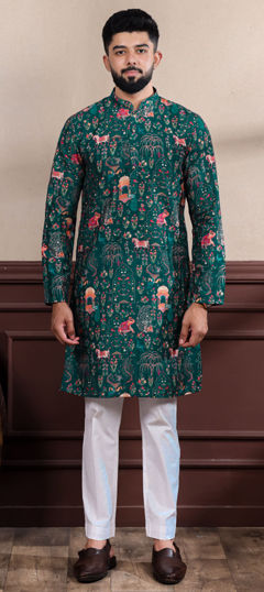 Green color Kurta Pyjamas in Cotton fabric with Digital Print, Weaving work