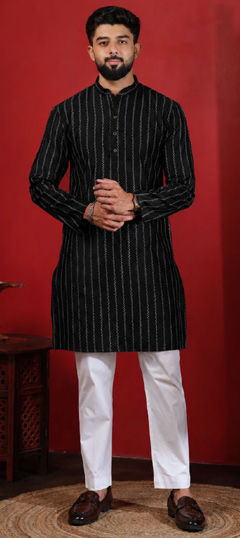 Black and Grey color Kurta Pyjamas in Cotton fabric with Weaving work