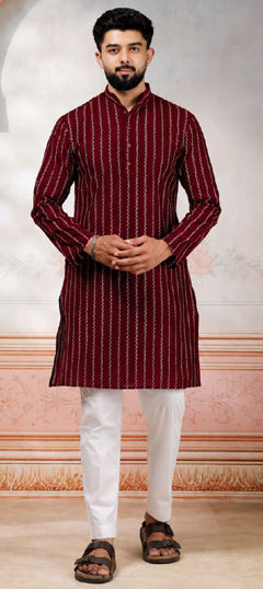 Red and Maroon color Kurta Pyjamas in Cotton fabric with Weaving work