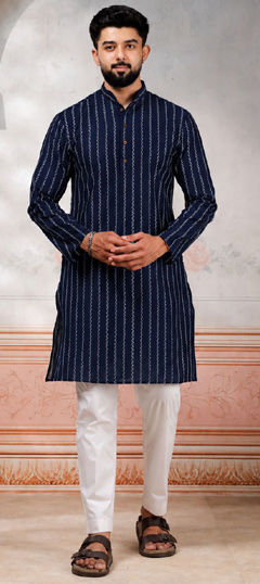 Blue color Kurta Pyjamas in Cotton fabric with Weaving work