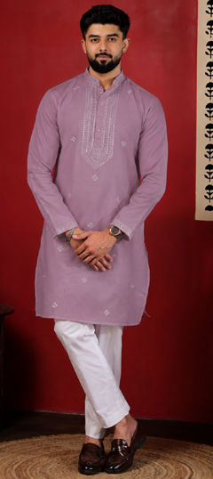 Purple and Violet color Kurta Pyjamas in Cotton fabric with Embroidered work