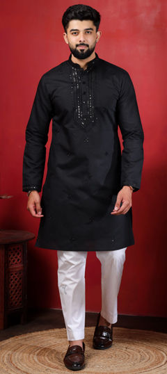 Black and Grey color Kurta Pyjamas in Cotton fabric with Embroidered work