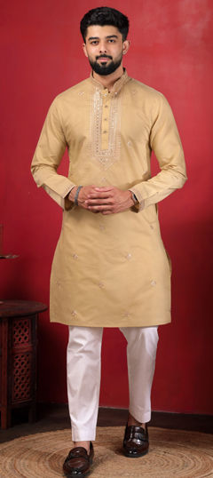 Beige and Brown color Kurta Pyjamas in Cotton fabric with Embroidered work