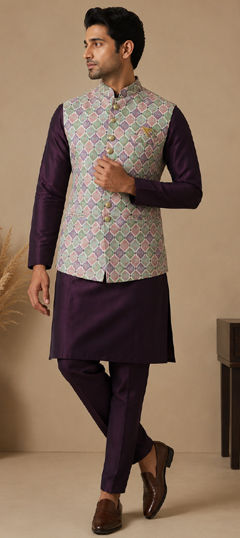 Purple and Violet color Kurta Pyjama with Jacket in Silk fabric with Printed work
