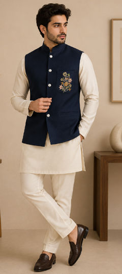 Beige and Brown color Kurta Pyjama with Jacket in Silk fabric with Embroidered work