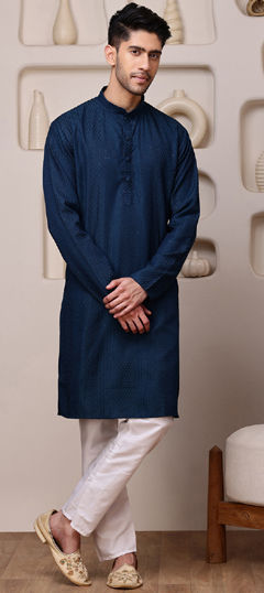 Blue color Kurta Pyjamas in Blended Cotton fabric with Embroidered, Sequence, Weaving work