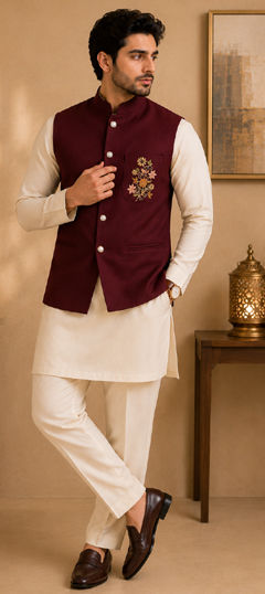 Beige and Brown color Kurta Pyjama with Jacket in Silk fabric with Embroidered work