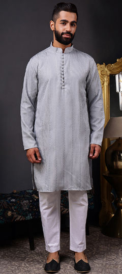 Black and Grey color Kurta Pyjamas in Blended Cotton fabric with Embroidered, Sequence, Weaving work