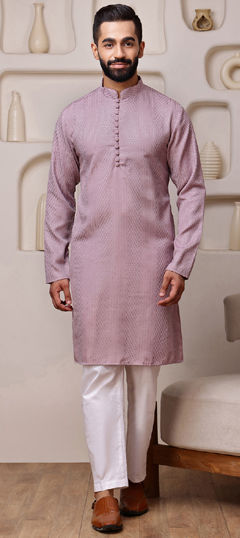 Pink and Majenta color Kurta Pyjamas in Blended Cotton fabric with Embroidered, Sequence, Weaving work