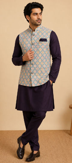 Purple and Violet color Kurta Pyjama with Jacket in Silk fabric with Printed work