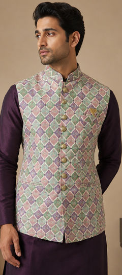 White and Off White color Nehru Jacket in Cotton fabric with Printed work