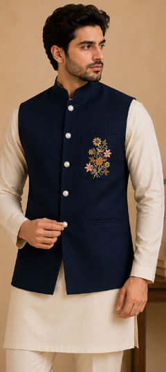 Blue color Nehru Jacket in Silk fabric with Embroidered work