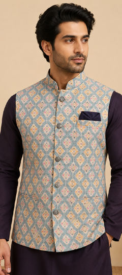 Blue color Nehru Jacket in Cotton fabric with Printed work