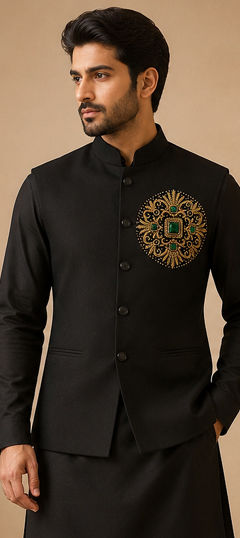 Black and Grey color Nehru Jacket in Silk fabric with Embroidered work