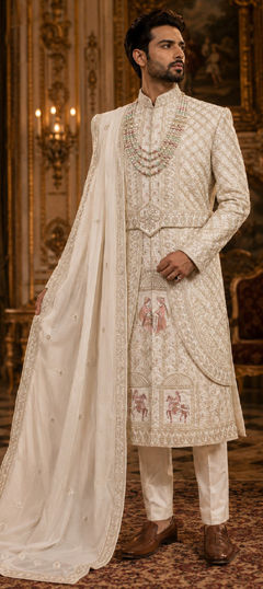 White and Off White color Sherwani in Tissue fabric with Embroidered work