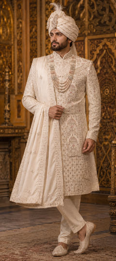 White and Off White color Sherwani in Silk fabric with Embroidered, Zari work
