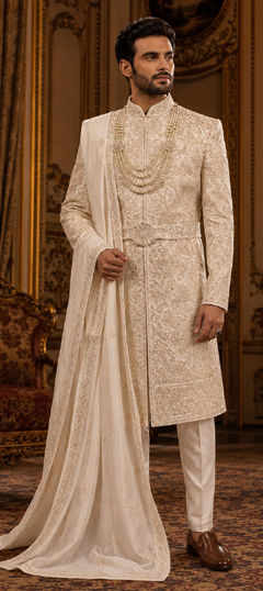 White and Off White color Sherwani in Silk fabric with Embroidered, Zari work