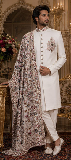 White and Off White color IndoWestern Dress in Viscose fabric with Bugle Beads, Embroidered work