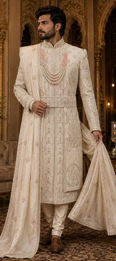 White and Off White color Sherwani in Silk fabric with Embroidered, Zari work