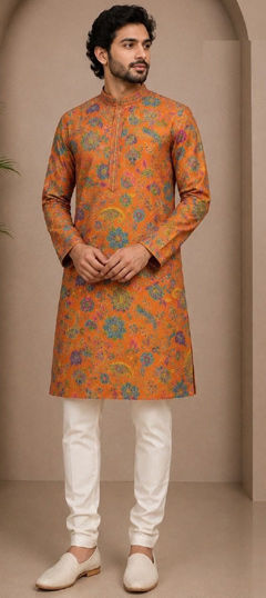 Beige and Brown color Kurta Pyjamas in Art Silk fabric with Printed work