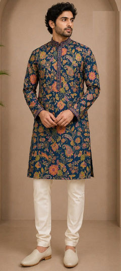 Blue color Kurta Pyjamas in Art Silk fabric with Printed work