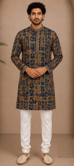 Blue color Kurta Pyjamas in Art Silk fabric with Printed work