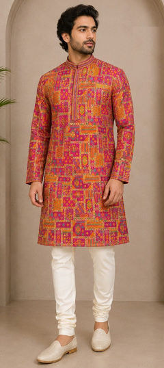 Pink and Majenta color Kurta Pyjamas in Art Silk fabric with Printed work