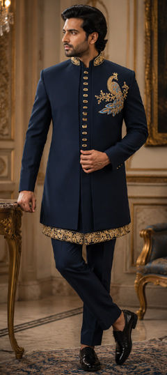 Blue color IndoWestern Dress in Viscose fabric with Embroidered work