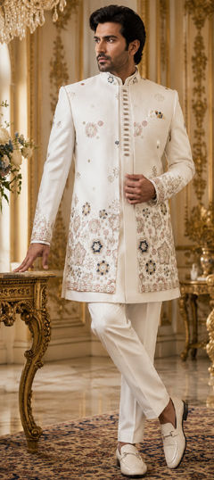 White and Off White color IndoWestern Dress in Satin Silk fabric with Embroidered work