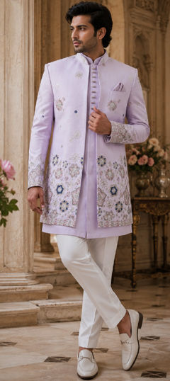 Purple and Violet color IndoWestern Dress in Satin Silk fabric with Embroidered work