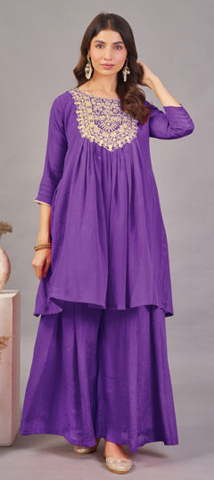 Purple and Violet color Salwar Kameez in Chinon Silk fabric with Embroidered, Sequence work