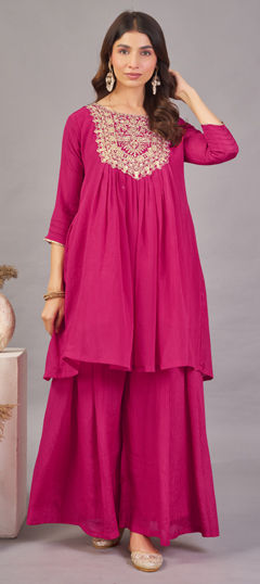 Pink and Majenta color Salwar Kameez in Chinon Silk fabric with Embroidered, Sequence work