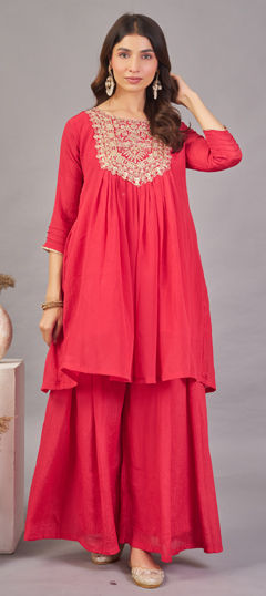 Red and Maroon color Salwar Kameez in Chinon Silk fabric with Embroidered, Sequence work