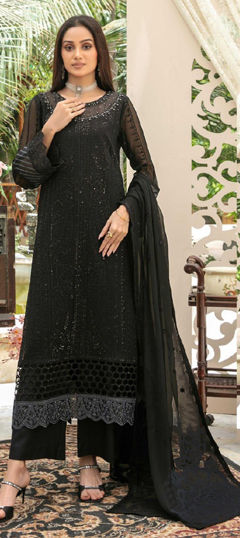 Black and Grey color Salwar Kameez in Chiffon fabric with Embroidered work