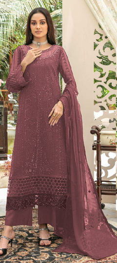 Beige and Brown color Salwar Kameez in Chiffon fabric with Embroidered work