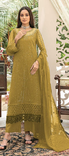 Yellow color Salwar Kameez in Chiffon fabric with Embroidered work